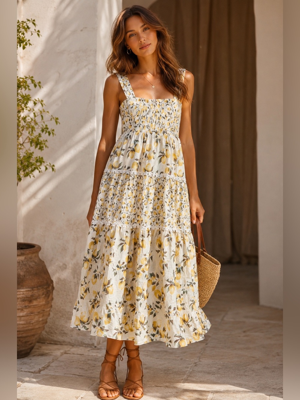 Haute Hippie Style Lemon Print Tiered Midi Dress Smocked Back Cottagecore Size 4